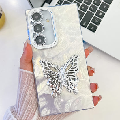 For Samsung Galaxy S25 5G Plating Glitter Texture Butterfly Holder TPU Phone Case with Lens Film(White Feathers) by buy2fix