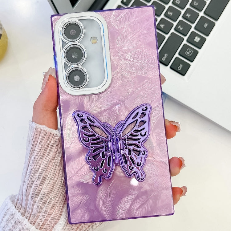 For Samsung Galaxy S25 5G Plating Glitter Texture Butterfly Holder TPU Phone Case with Lens Film(Purple Feathers) by buy2fix