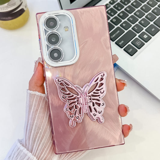 For Samsung Galaxy S25 5G Plating Glitter Texture Butterfly Holder TPU Phone Case with Lens Film(Pink Feather Yarn) by buy2fix