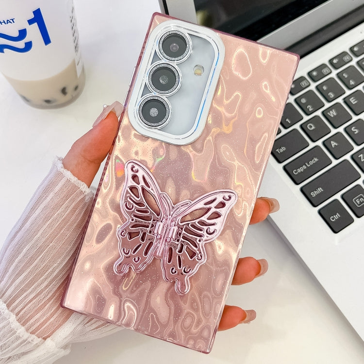 For Samsung Galaxy S25 5G Plating Glitter Texture Butterfly Holder TPU Phone Case with Lens Film(Pink Wrinkles) by buy2fix