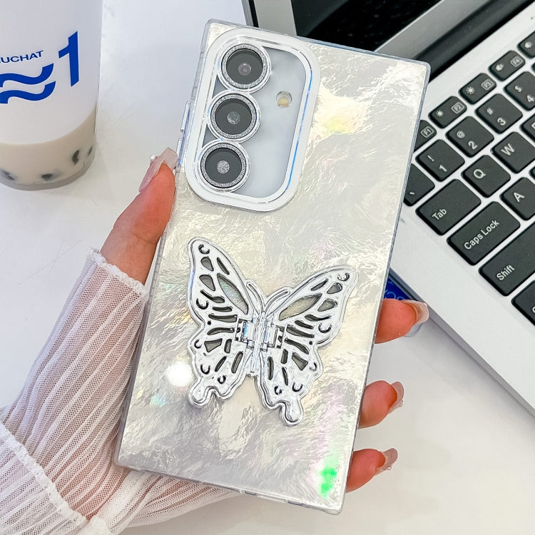 For Samsung Galaxy S25 5G Plating Glitter Texture Butterfly Holder TPU Phone Case with Lens Film(White Tinfoil Texture) by buy2fix