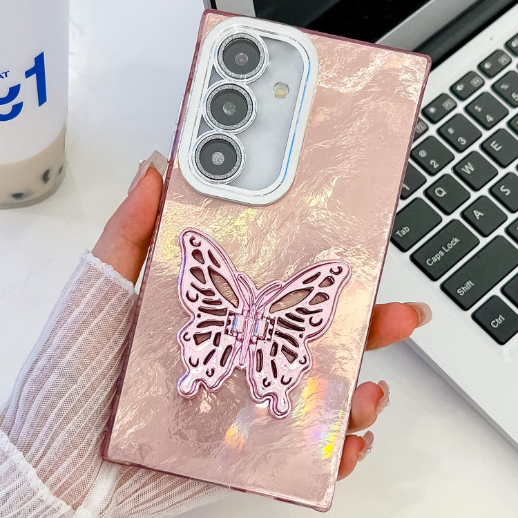 For Samsung Galaxy S25 5G Plating Glitter Texture Butterfly Holder TPU Phone Case with Lens Film(Pink Tinfoil Texture) by buy2fix