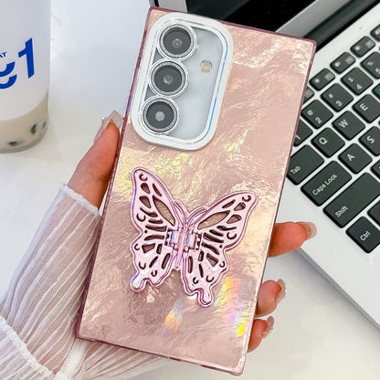 For Samsung Galaxy S25 5G Plating Glitter Texture Butterfly Holder TPU Phone Case with Lens Film(Pink Tinfoil Texture) by buy2fix