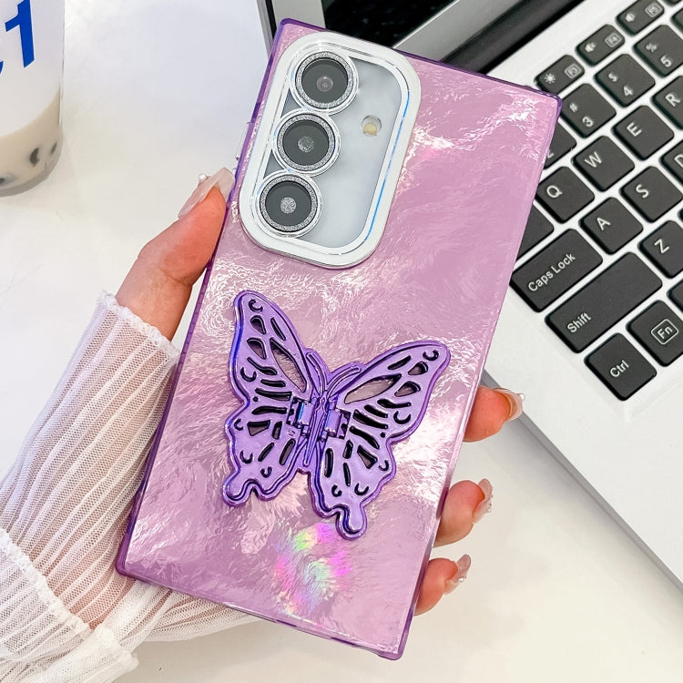 For Samsung Galaxy S25 5G Plating Glitter Texture Butterfly Holder TPU Phone Case with Lens Film(Purple Tinfoil Texture) by buy2fix