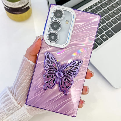 For Samsung Galaxy S25+ 5G Plating Glitter Texture Butterfly Holder TPU Phone Case with Lens Film(Purple Water Ripples) by buy2fix