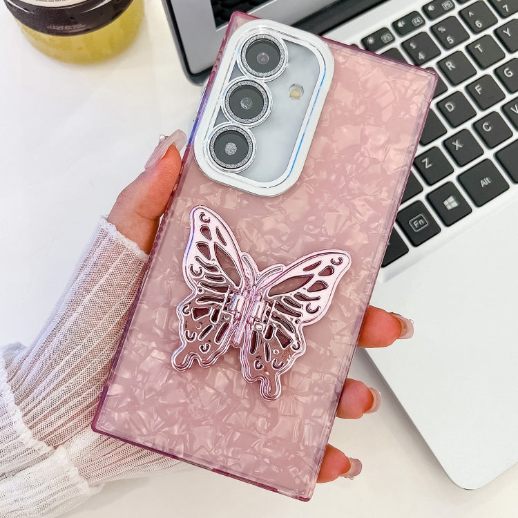 For Samsung Galaxy S25+ 5G Plating Glitter Texture Butterfly Holder TPU Phone Case with Lens Film(Pink Shell Pattern) by buy2fix