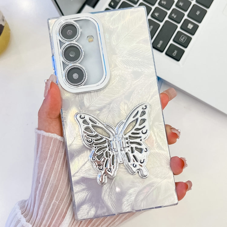 For Samsung Galaxy S25+ 5G Plating Glitter Texture Butterfly Holder TPU Phone Case with Lens Film(White Feathers) by buy2fix