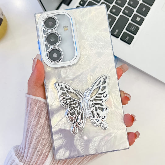 For Samsung Galaxy S25+ 5G Plating Glitter Texture Butterfly Holder TPU Phone Case with Lens Film(White Feathers) by buy2fix