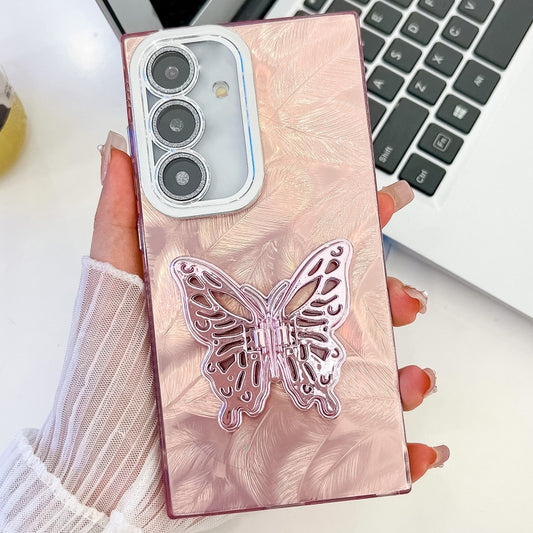For Samsung Galaxy S25+ 5G Plating Glitter Texture Butterfly Holder TPU Phone Case with Lens Film(Pink Feathers) by buy2fix