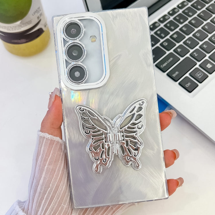For Samsung Galaxy S25+ 5G Plating Glitter Texture Butterfly Holder TPU Phone Case with Lens Film(White Feather Yarn) by buy2fix