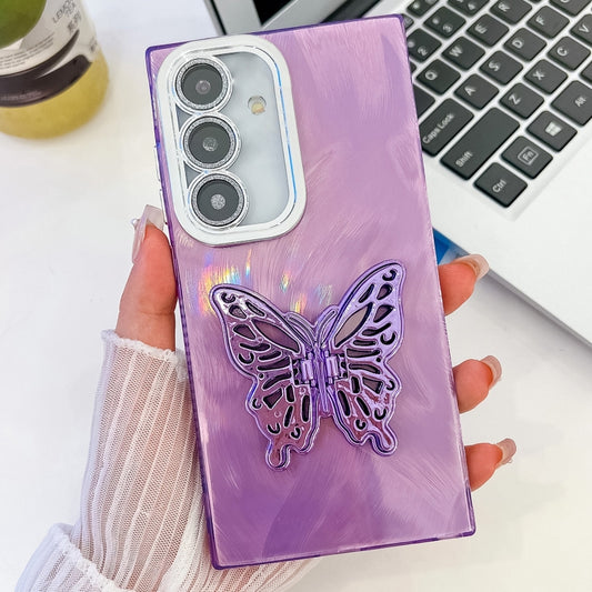 For Samsung Galaxy S25+ 5G Plating Glitter Texture Butterfly Holder TPU Phone Case with Lens Film(Purple Feather Yarn) by buy2fix