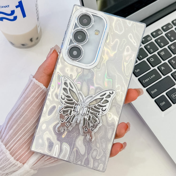 For Samsung Galaxy S25+ 5G Plating Glitter Texture Butterfly Holder TPU Phone Case with Lens Film(White Wrinkles) by buy2fix