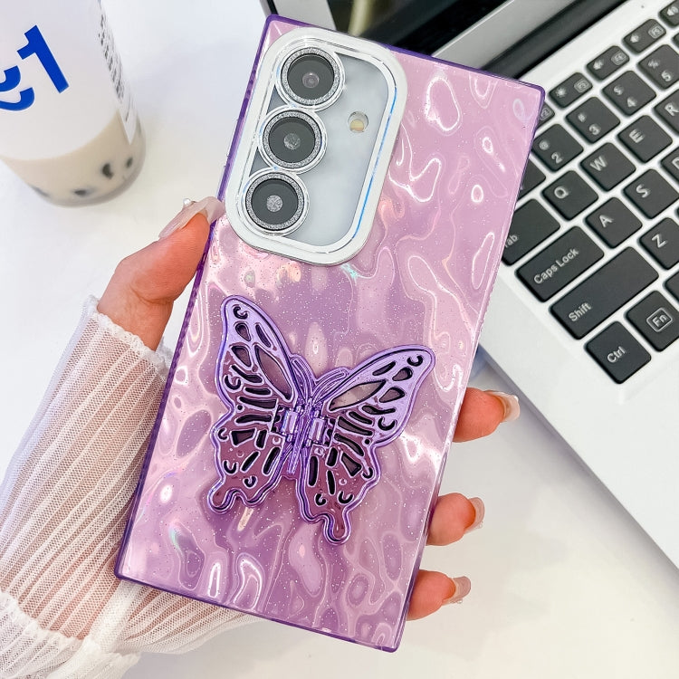 For Samsung Galaxy S25+ 5G Plating Glitter Texture Butterfly Holder TPU Phone Case with Lens Film(Purple Wrinkles) by buy2fix
