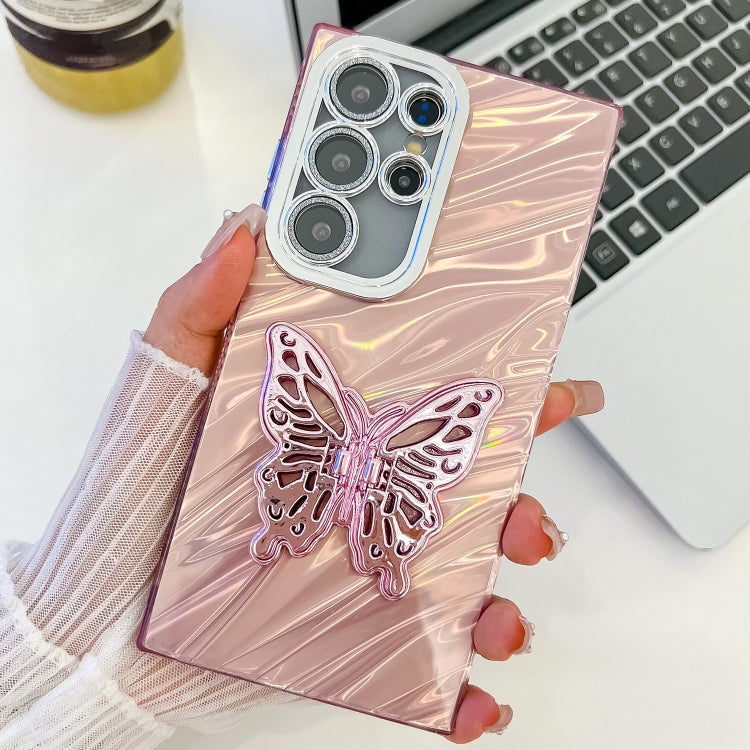For Samsung Galaxy S25 Ultra 5G Plating Glitter Texture Butterfly Holder TPU Phone Case with Lens Film(Pink Water Ripples) by buy2fix
