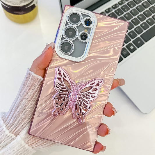 For Samsung Galaxy S25 Ultra 5G Plating Glitter Texture Butterfly Holder TPU Phone Case with Lens Film(Pink Water Ripples) by buy2fix
