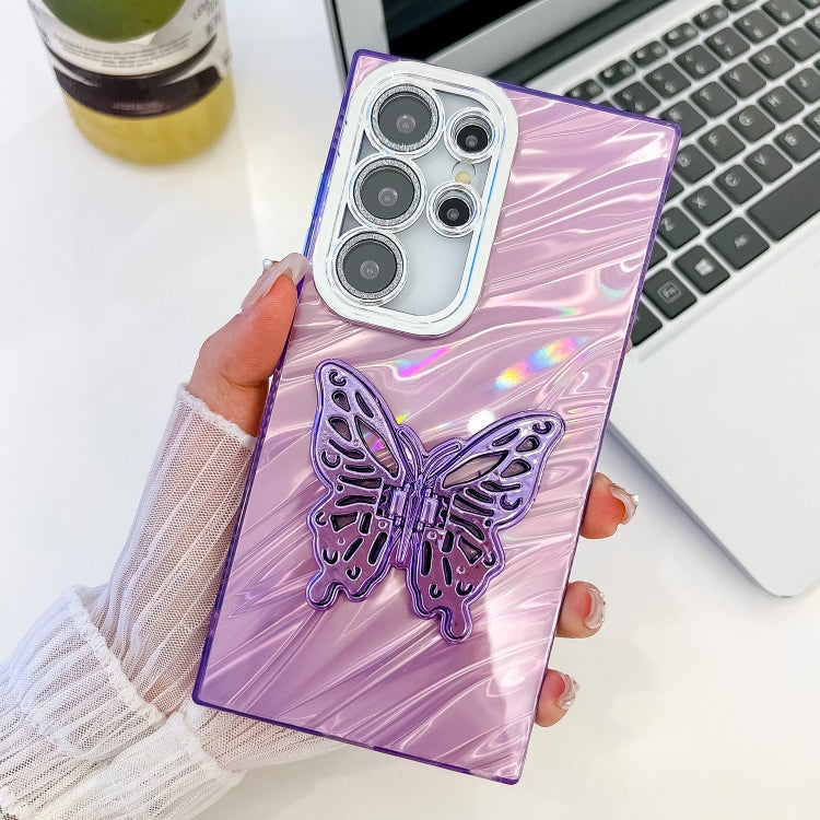 For Samsung Galaxy S25 Ultra 5G Plating Glitter Texture Butterfly Holder TPU Phone Case with Lens Film(Purple Water Ripples) by buy2fix