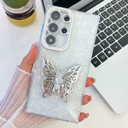 For Samsung Galaxy S25 Ultra 5G Plating Glitter Texture Butterfly Holder TPU Phone Case with Lens Film(White Shell Pattern) by buy2fix