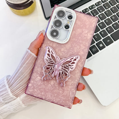 For Samsung Galaxy S25 Ultra 5G Plating Glitter Texture Butterfly Holder TPU Phone Case with Lens Film(Pink Shell Pattern) by buy2fix