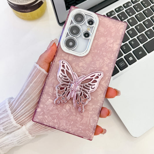 For Samsung Galaxy S25 Ultra 5G Plating Glitter Texture Butterfly Holder TPU Phone Case with Lens Film(Pink Shell Pattern) by buy2fix