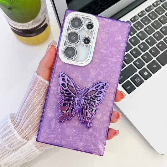 For Samsung Galaxy S25 Ultra 5G Plating Glitter Texture Butterfly Holder TPU Phone Case with Lens Film(Purple Shell Pattern) by buy2fix