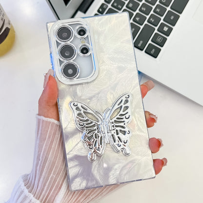 For Samsung Galaxy S25 Ultra 5G Plating Glitter Texture Butterfly Holder TPU Phone Case with Lens Film(White Feathers) by buy2fix