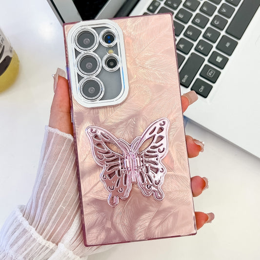 For Samsung Galaxy S25 Ultra 5G Plating Glitter Texture Butterfly Holder TPU Phone Case with Lens Film(Pink Feathers) by buy2fix