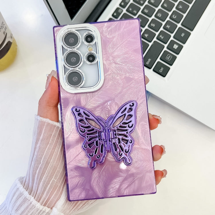 For Samsung Galaxy S25 Ultra 5G Plating Glitter Texture Butterfly Holder TPU Phone Case with Lens Film(Purple Feathers) by buy2fix