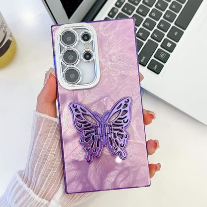 For Samsung Galaxy S25 Ultra 5G Plating Glitter Texture Butterfly Holder TPU Phone Case with Lens Film(Purple Feathers) by buy2fix