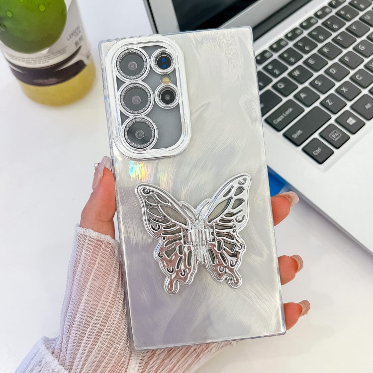 For Samsung Galaxy S25 Ultra 5G Plating Glitter Texture Butterfly Holder TPU Phone Case with Lens Film(White Feather Yarn) by buy2fix