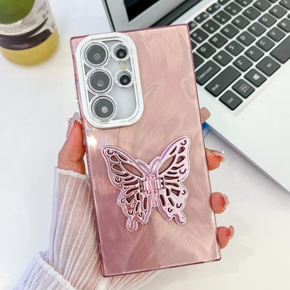 For Samsung Galaxy S25 Ultra 5G Plating Glitter Texture Butterfly Holder TPU Phone Case with Lens Film(Pink Feather Yarn) by buy2fix