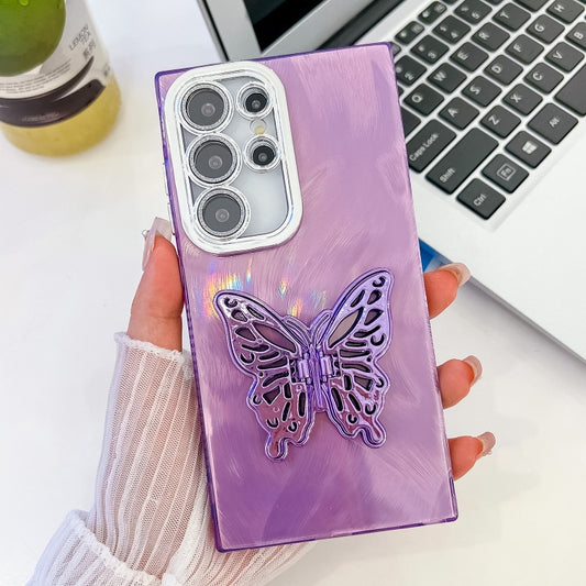 For Samsung Galaxy S25 Ultra 5G Plating Glitter Texture Butterfly Holder TPU Phone Case with Lens Film(Purple Feather Yarn) by buy2fix