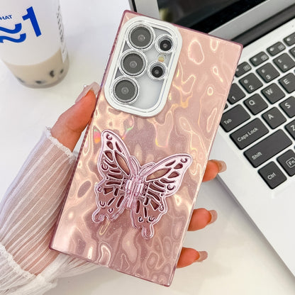 For Samsung Galaxy S25 Ultra 5G Plating Glitter Texture Butterfly Holder TPU Phone Case with Lens Film(Pink Wrinkles) by buy2fix