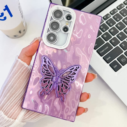 For Samsung Galaxy S25 Ultra 5G Plating Glitter Texture Butterfly Holder TPU Phone Case with Lens Film(Purple Wrinkles) by buy2fix