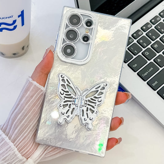 For Samsung Galaxy S25 Ultra 5G Plating Glitter Texture Butterfly Holder TPU Phone Case with Lens Film(White Tinfoil Texture) by buy2fix