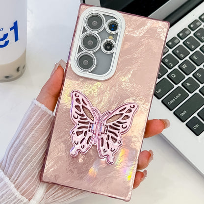 For Samsung Galaxy S25 Ultra 5G Plating Glitter Texture Butterfly Holder TPU Phone Case with Lens Film(Pink Tinfoil Texture) by buy2fix