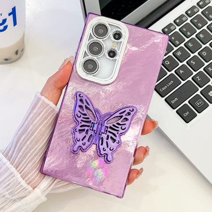 For Samsung Galaxy S25 Ultra 5G Plating Glitter Texture Butterfly Holder TPU Phone Case with Lens Film(Purple Tinfoil Texture) by buy2fix