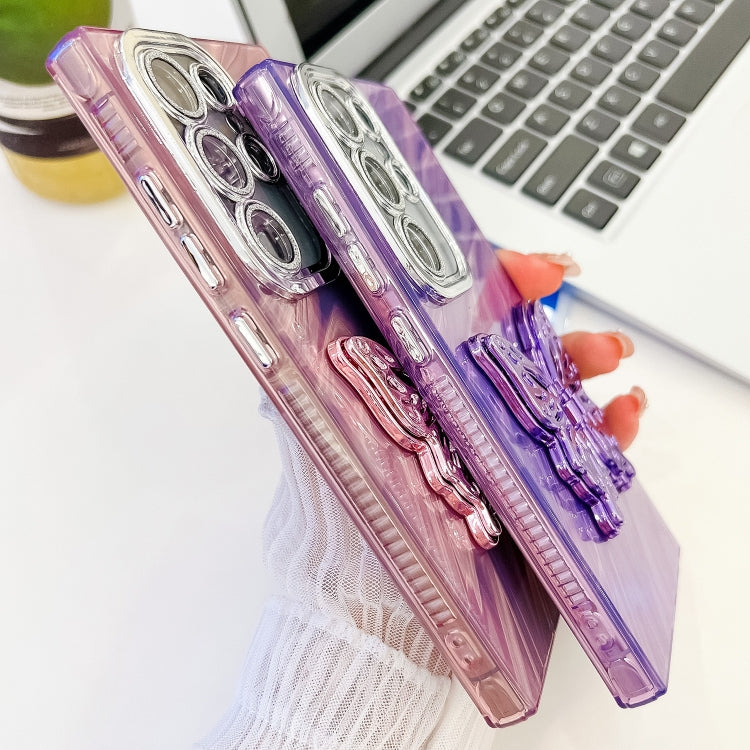 For Samsung Galaxy S25 Ultra 5G Plating Glitter Texture Butterfly Holder TPU Phone Case with Lens Film(Purple Feather Yarn) by buy2fix