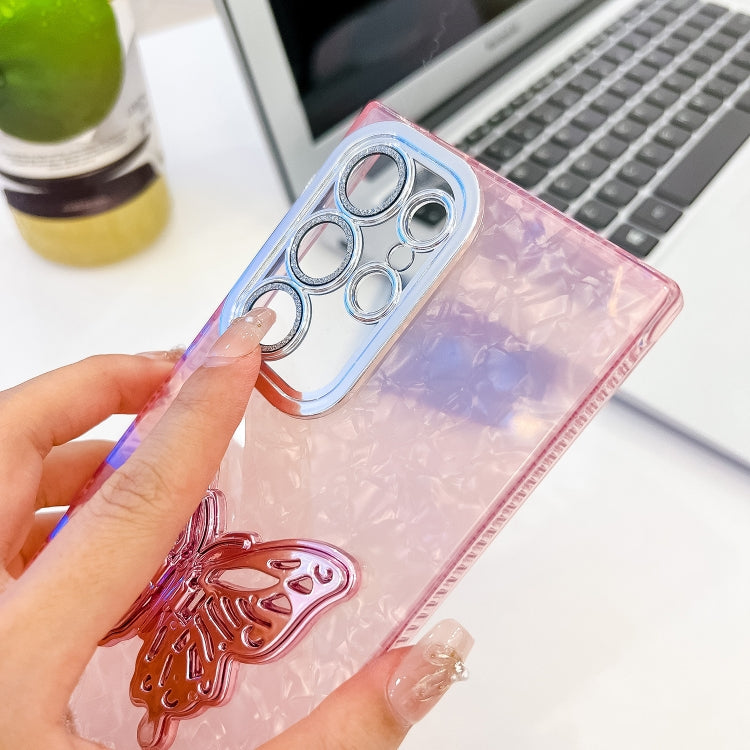 For Samsung Galaxy S25+ 5G Plating Glitter Texture Butterfly Holder TPU Phone Case with Lens Film(Purple Water Ripples) by buy2fix