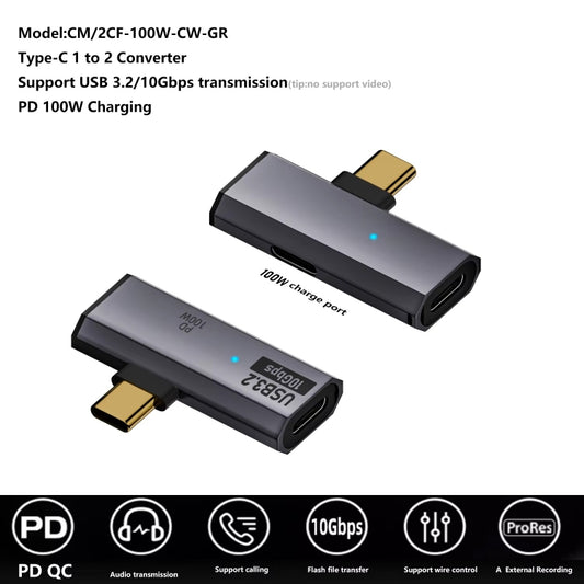 USB-C / Type-C Male to Dual Type-C Female USB3.2/10Gbps OTG Converter PD100W Charging Adapter(Gray) - OTG Adapter by buy2fix | Online Shopping UK | buy2fix