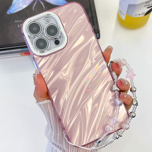 For iPhone 16 Pro Max Plating Glitter Texture Chain Wristband TPU Phone Case with Lens Film(Pink Water Ripples) by buy2fix