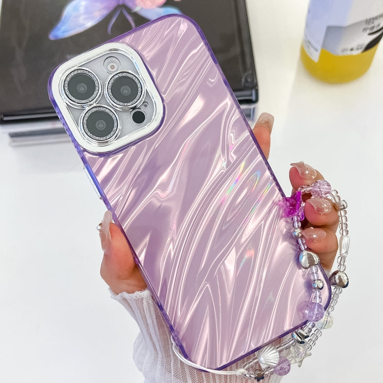 For iPhone 16 Pro Max Plating Glitter Texture Chain Wristband TPU Phone Case with Lens Film(Purple Water Ripples) by buy2fix