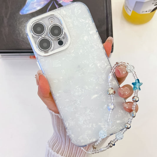 For iPhone 16 Pro Max Plating Glitter Texture Chain Wristband TPU Phone Case with Lens Film(White Shell Pattern) by buy2fix