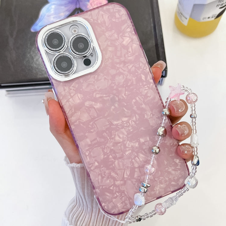 For iPhone 16 Pro Max Plating Glitter Texture Chain Wristband TPU Phone Case with Lens Film(Pink Shell Pattern) by buy2fix