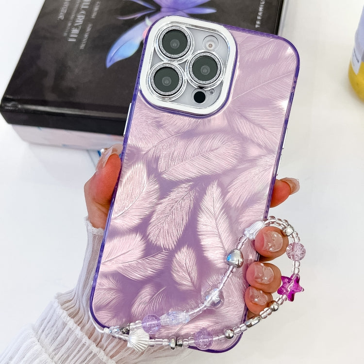 For iPhone 16 Pro Max Plating Glitter Texture Chain Wristband TPU Phone Case with Lens Film(Purple Feathers) by buy2fix