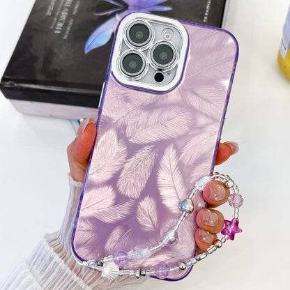 For iPhone 16 Pro Max Plating Glitter Texture Chain Wristband TPU Phone Case with Lens Film(Purple Feathers) by buy2fix