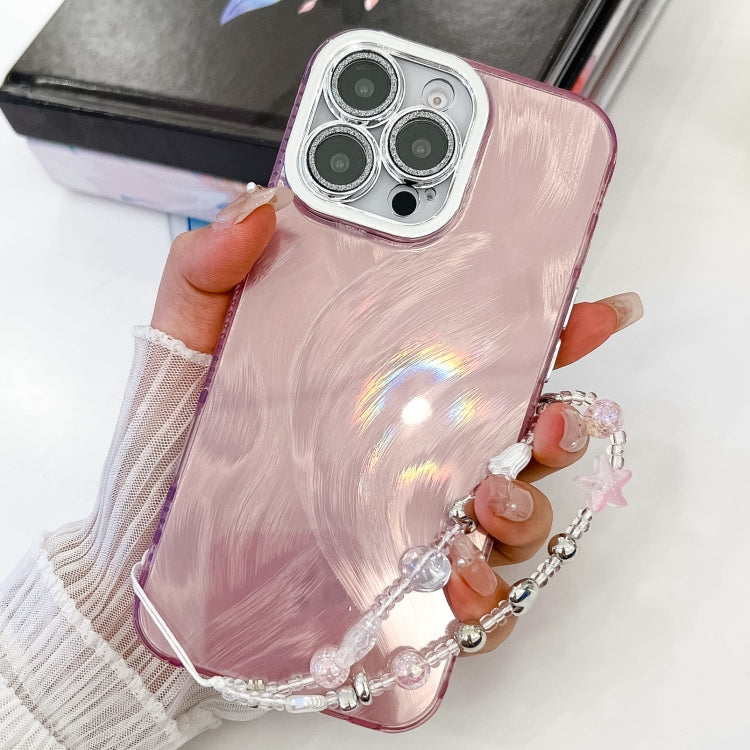 For iPhone 16 Pro Max Plating Glitter Texture Chain Wristband TPU Phone Case with Lens Film(Pink Feather Yarn) by buy2fix
