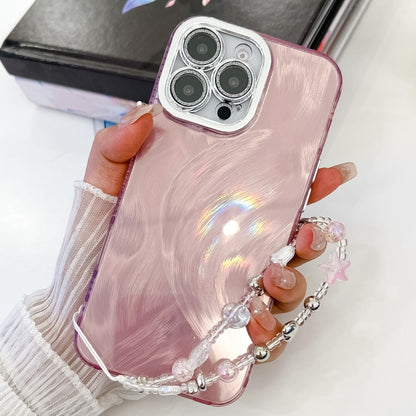 For iPhone 16 Pro Max Plating Glitter Texture Chain Wristband TPU Phone Case with Lens Film(Pink Feather Yarn) by buy2fix