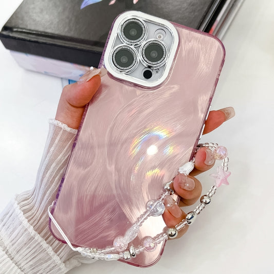 For iPhone 16 Pro Max Plating Glitter Texture Chain Wristband TPU Phone Case with Lens Film(Pink Feather Yarn) by buy2fix