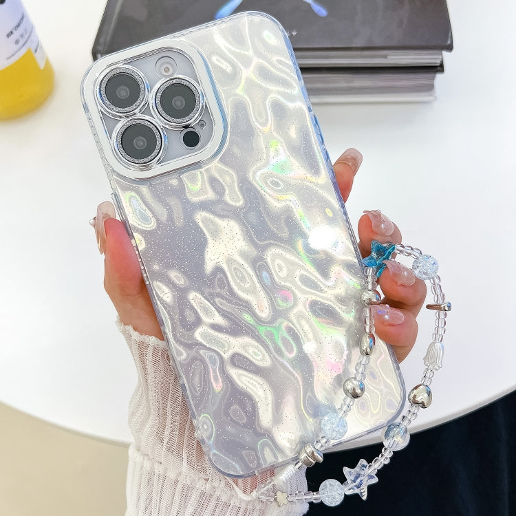 For iPhone 16 Pro Max Plating Glitter Texture Chain Wristband TPU Phone Case with Lens Film(White Wrinkles) by buy2fix