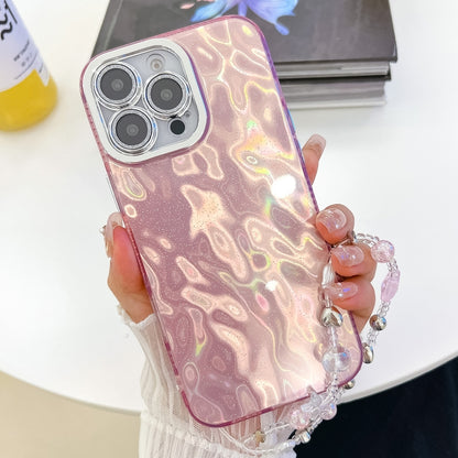 For iPhone 16 Pro Max Plating Glitter Texture Chain Wristband TPU Phone Case with Lens Film(Pink Wrinkles) by buy2fix